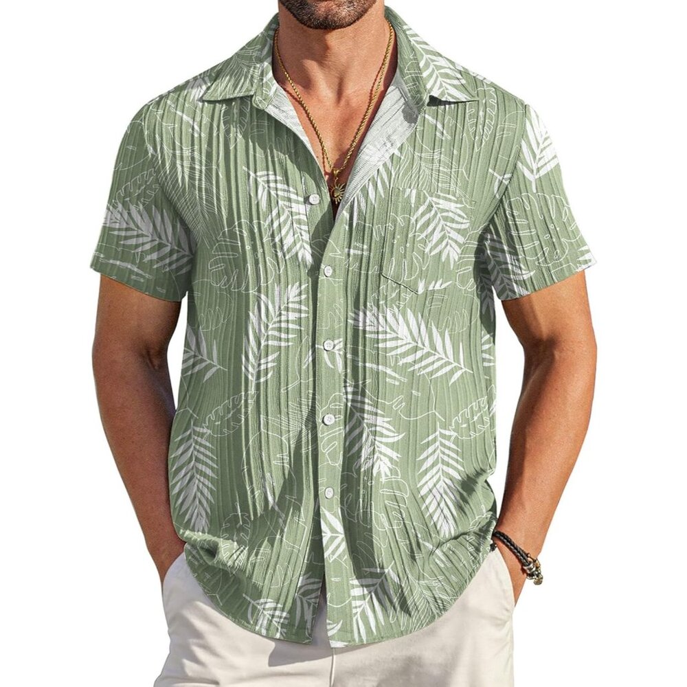 Men's Green Casual Button Down Shirts Short Sleeve Textured Summer Beach Shirt